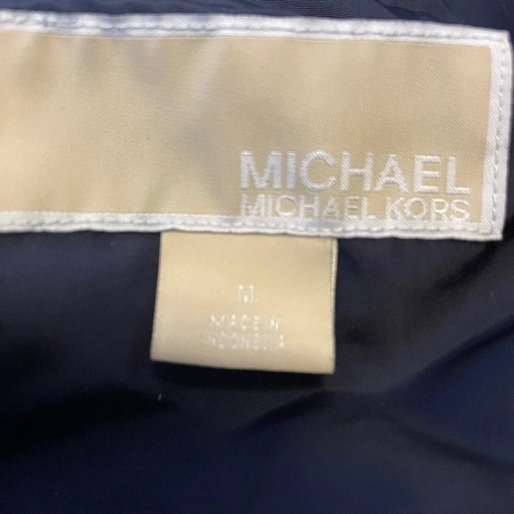 Michael Kors Puffer Parka Womens Medium Navy Blue Belted Faux Fur Hood Down Coat
